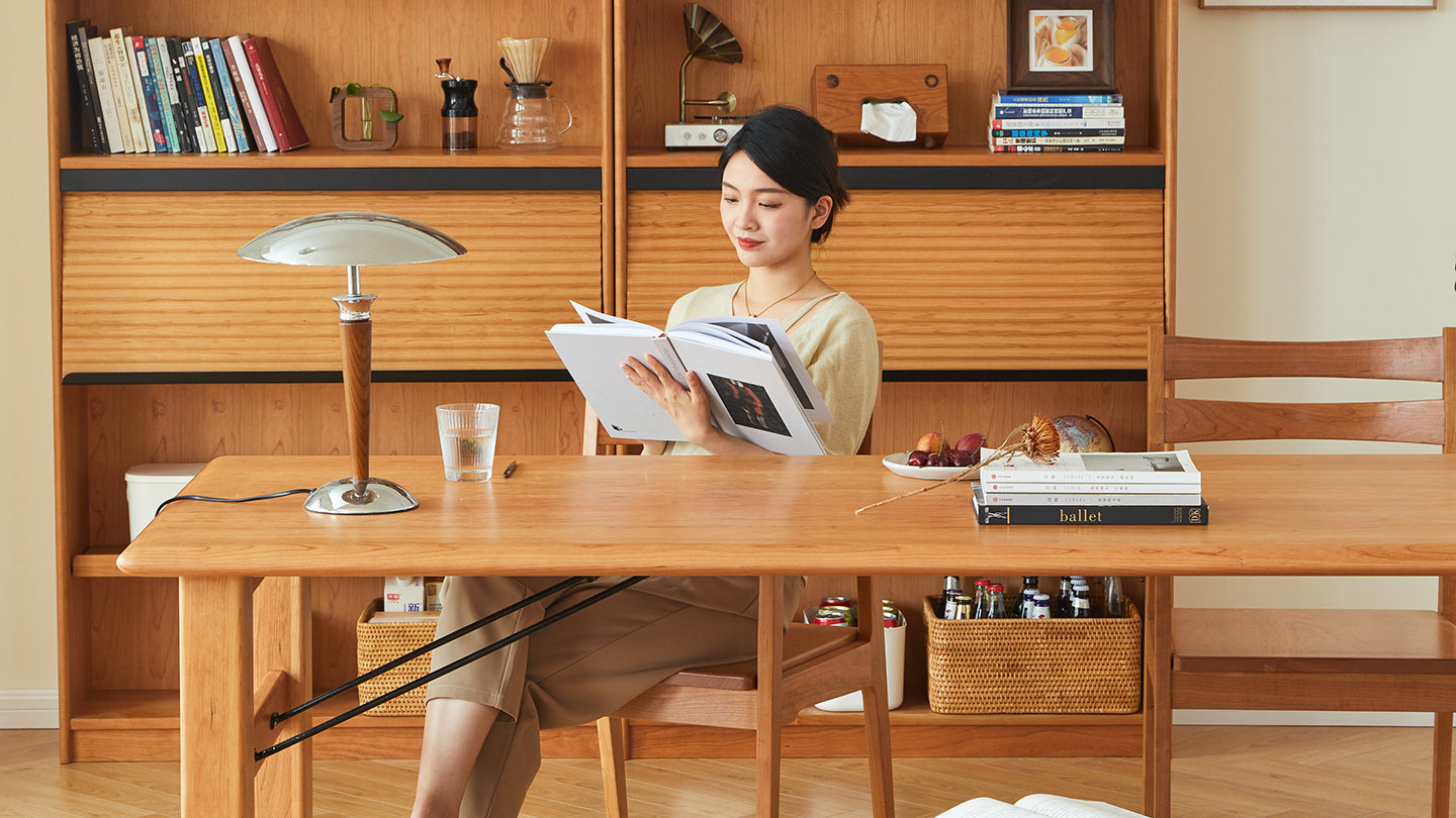 Loft Home promotion banner featuring elegant wooden furniture, creating a serene and inspiring study environment.