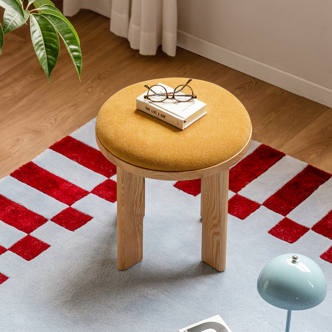 Bauhaus ash wood boucle fabric stool orbit detail 1.