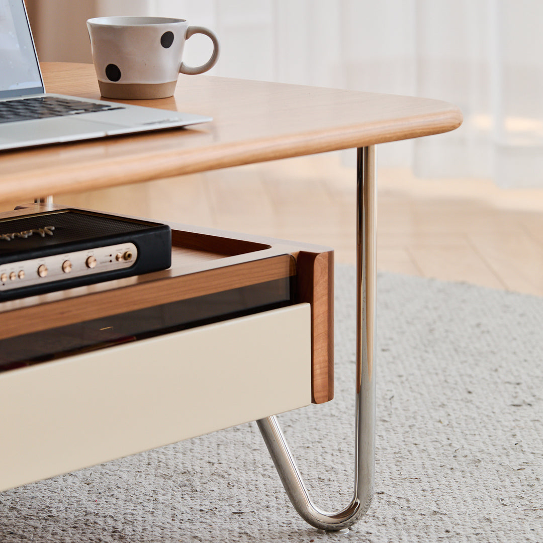Bauhaus cherry wood coffee table locke in close up details.
