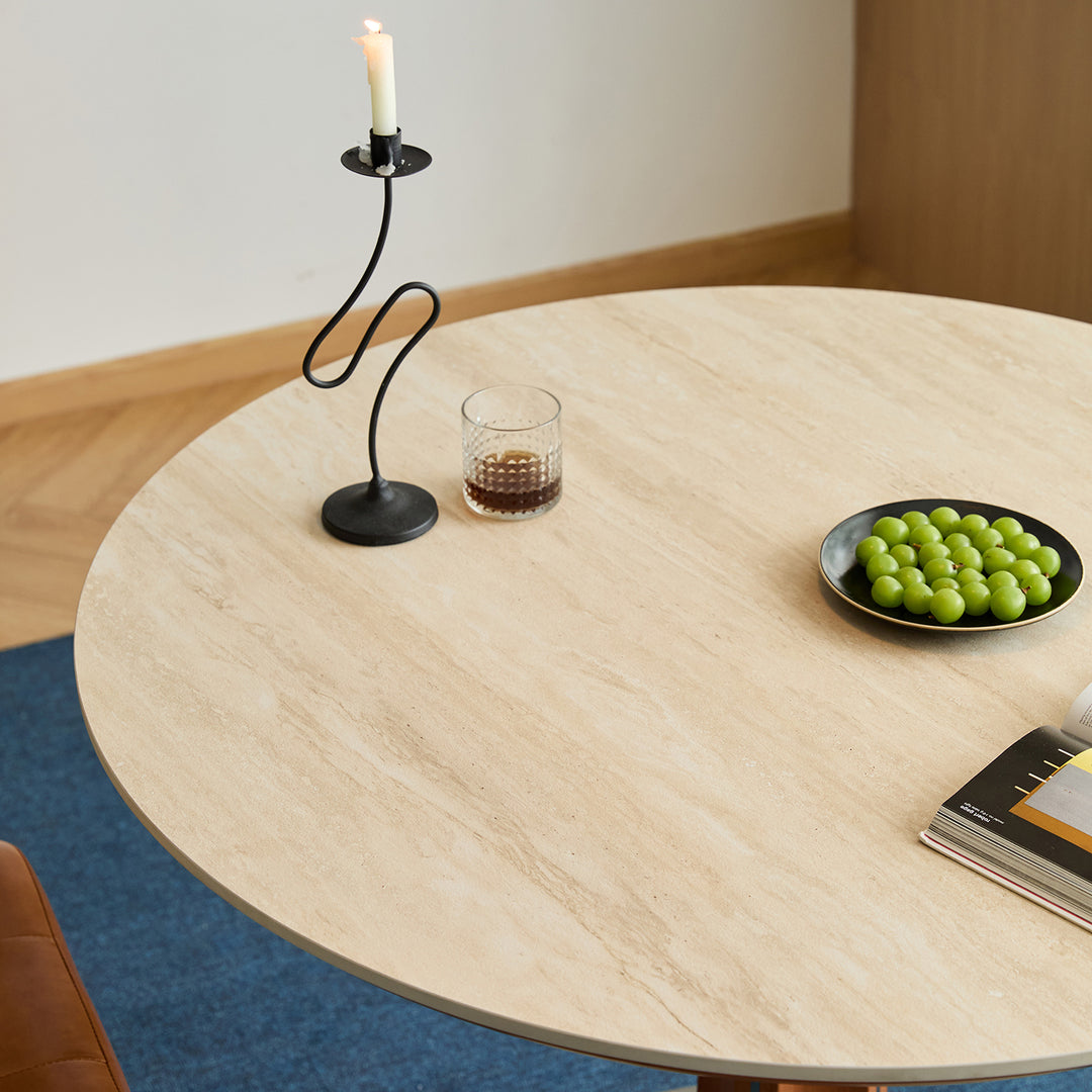 Bauhaus cherry wood sintered stone round dining table pinecone in real life style.