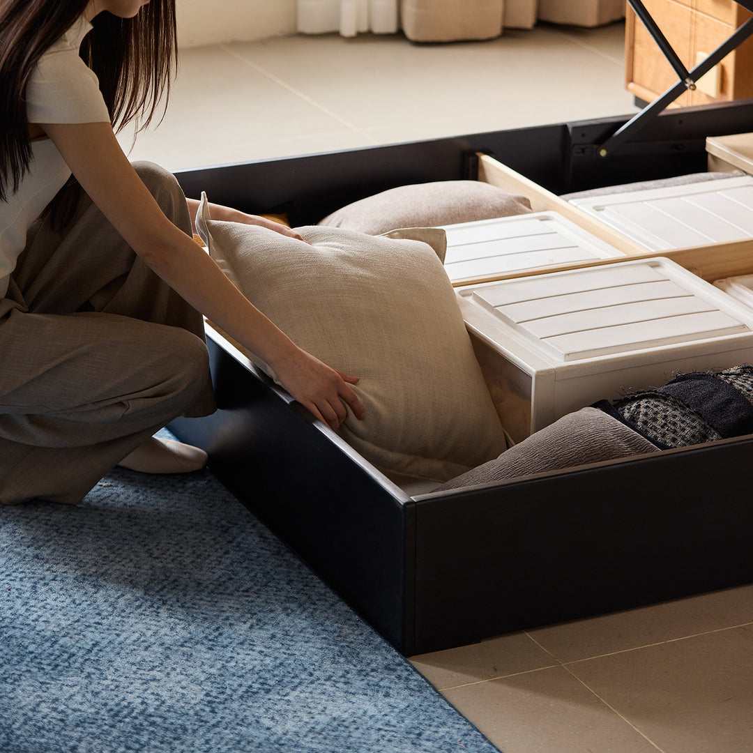 Bauhaus cherry wood storage bed film in real life style.