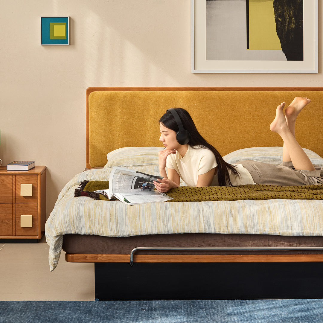 Bauhaus cherry wood storage bed film in details.