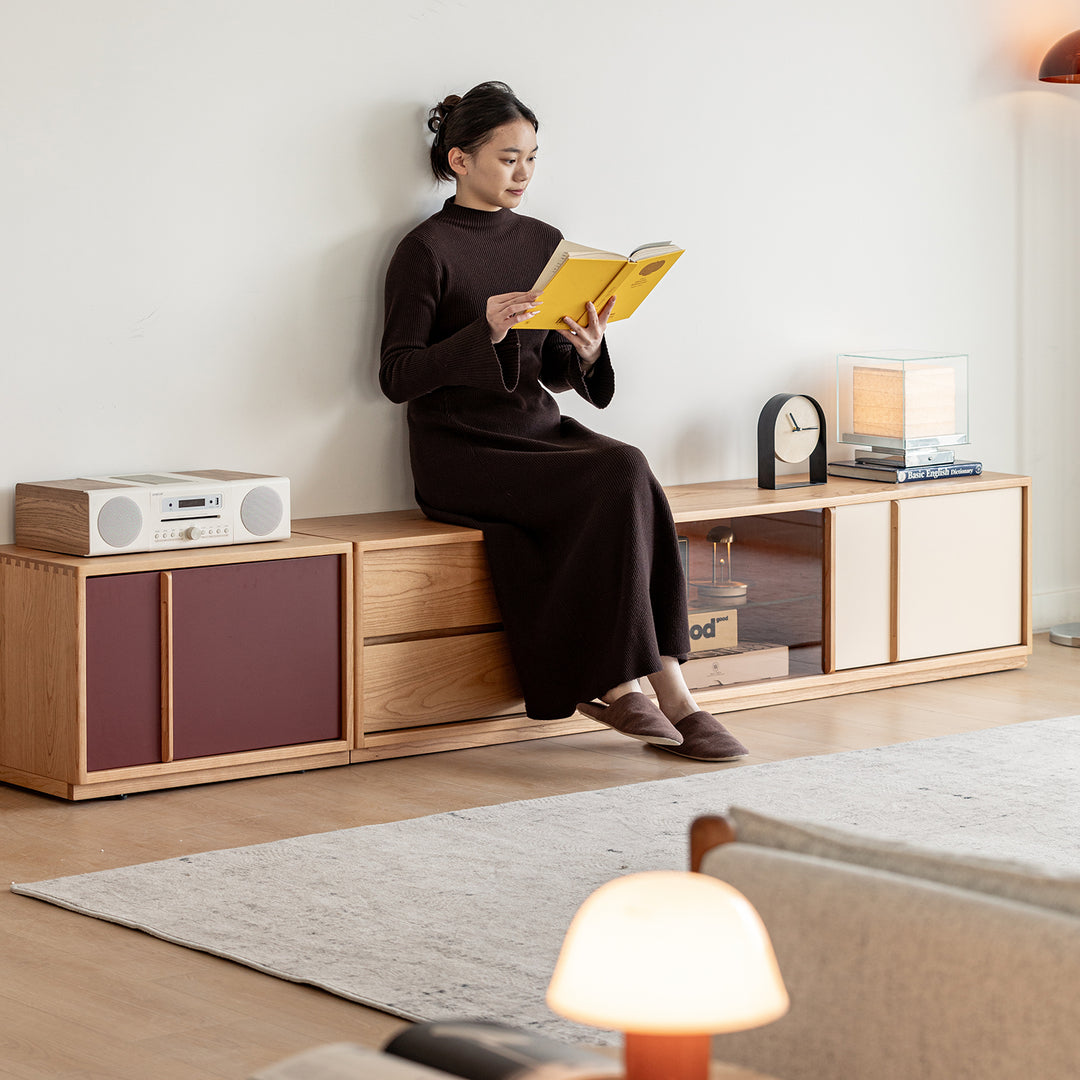 Bauhaus cherry wood tv console time size charts.
