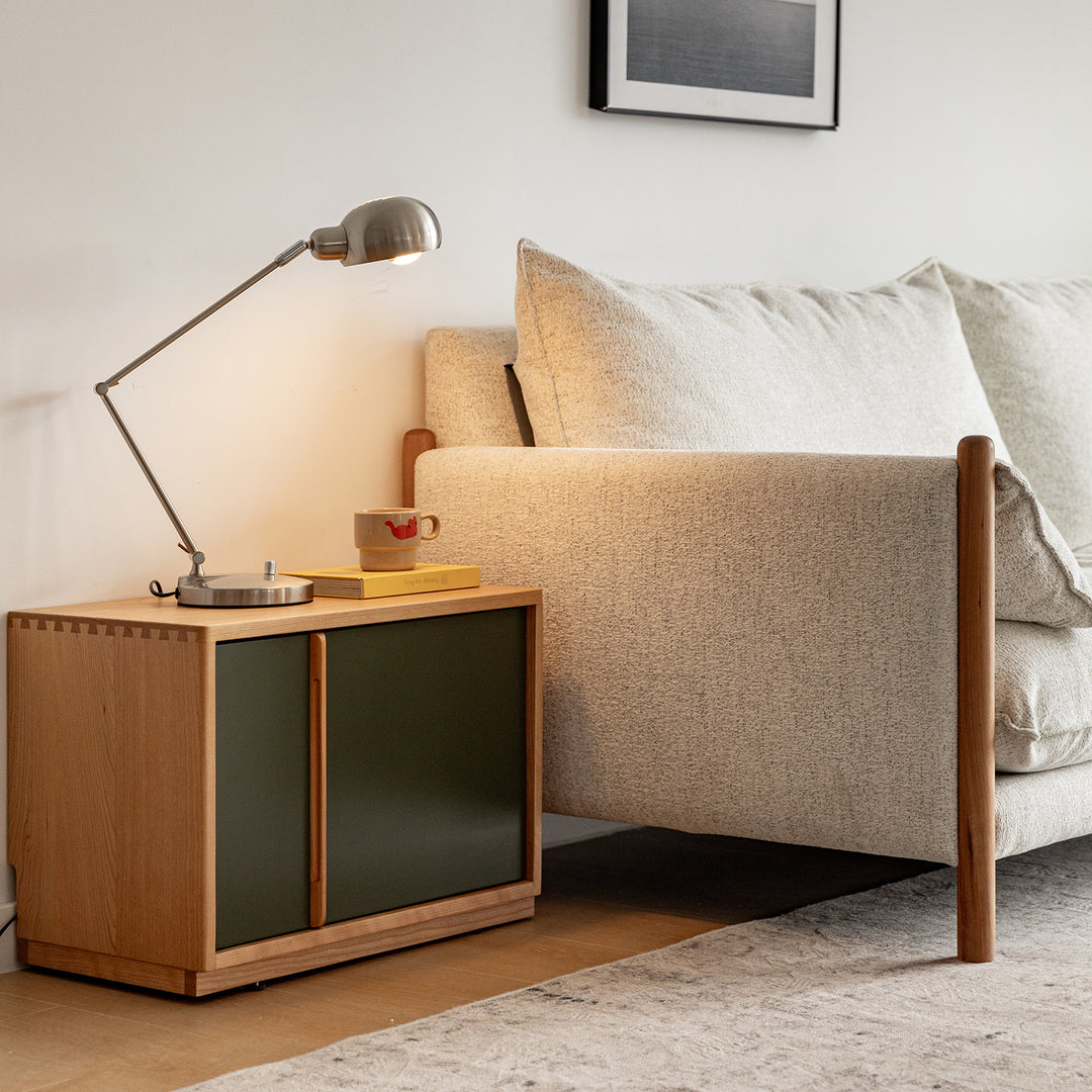 Bauhaus cherry wood tv console time in close up details.
