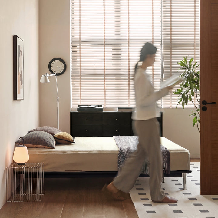 Bauhaus rubber wood platform bed americano color swatches.