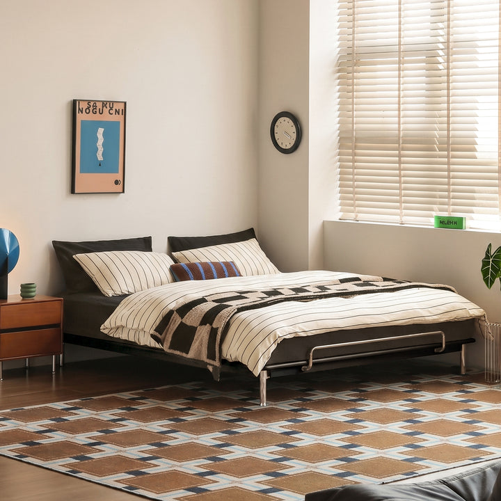 Bauhaus rubber wood platform bed americano with context.