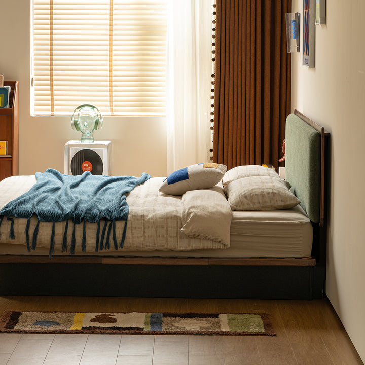 Bauhaus walnut wood storage bed film in real life style.