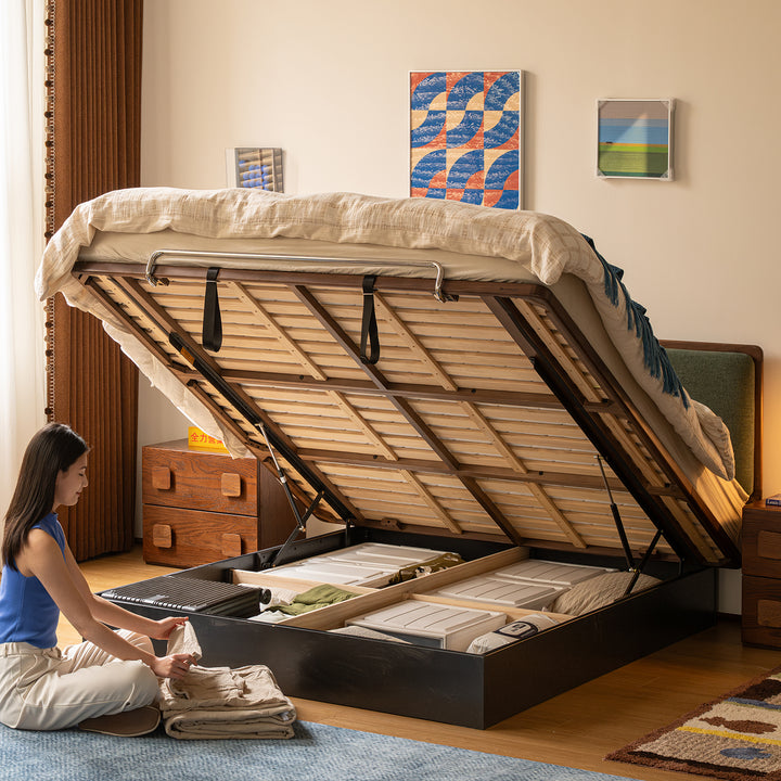 Bauhaus walnut wood storage bed film with context.