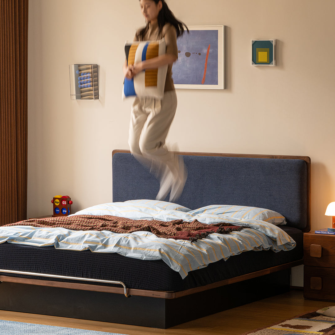 Bauhaus walnut wood storage bed film in details.