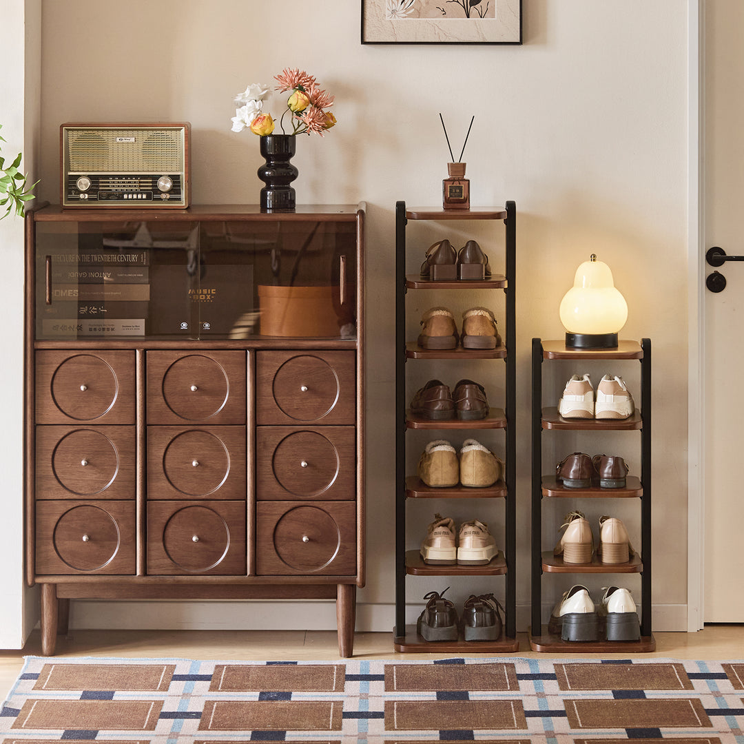 Bauhaus wood shoe shelf flow in panoramic view.