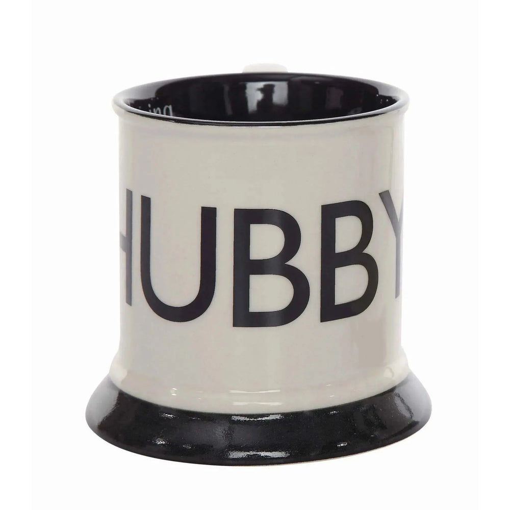 Black and white stoneware hubby mug decor in white background.