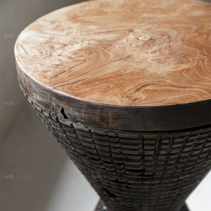 Bohemian wood side table drum in real life style.
