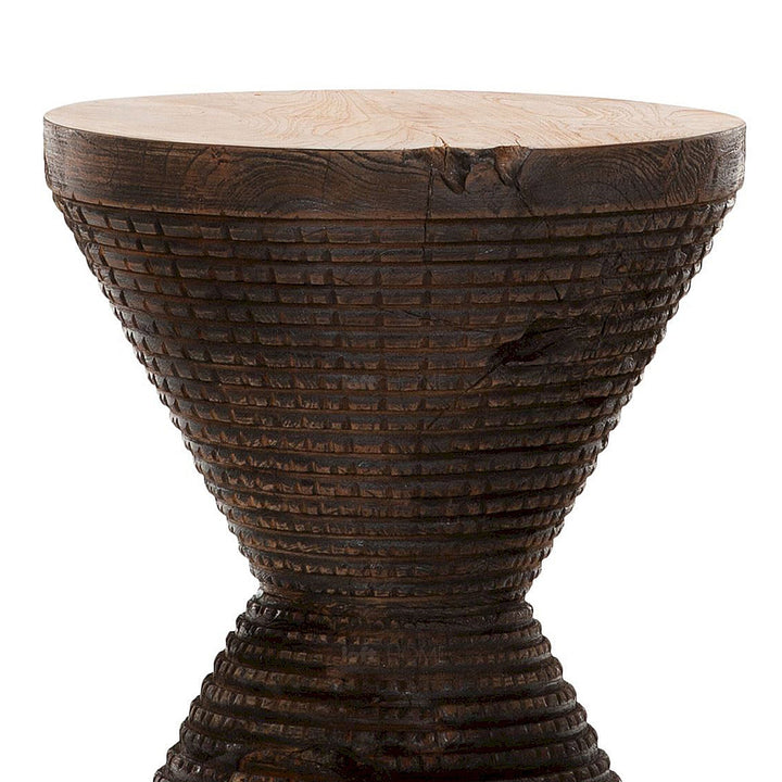 Bohemian wood side table drum in panoramic view.
