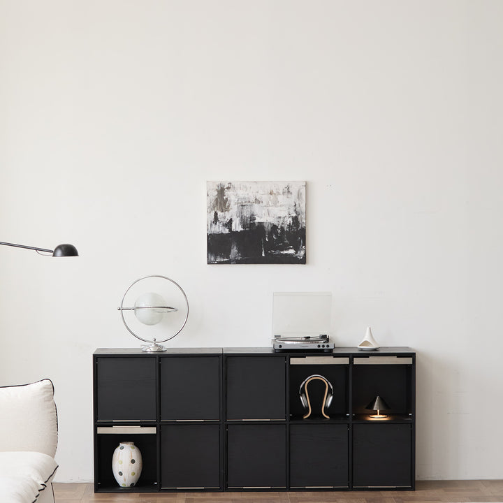 Minimalist ash wood veneer modular box cabinet grid in panoramic view.