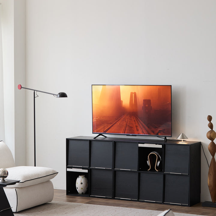 Minimalist ash wood veneer modular box cabinet grid in still life.