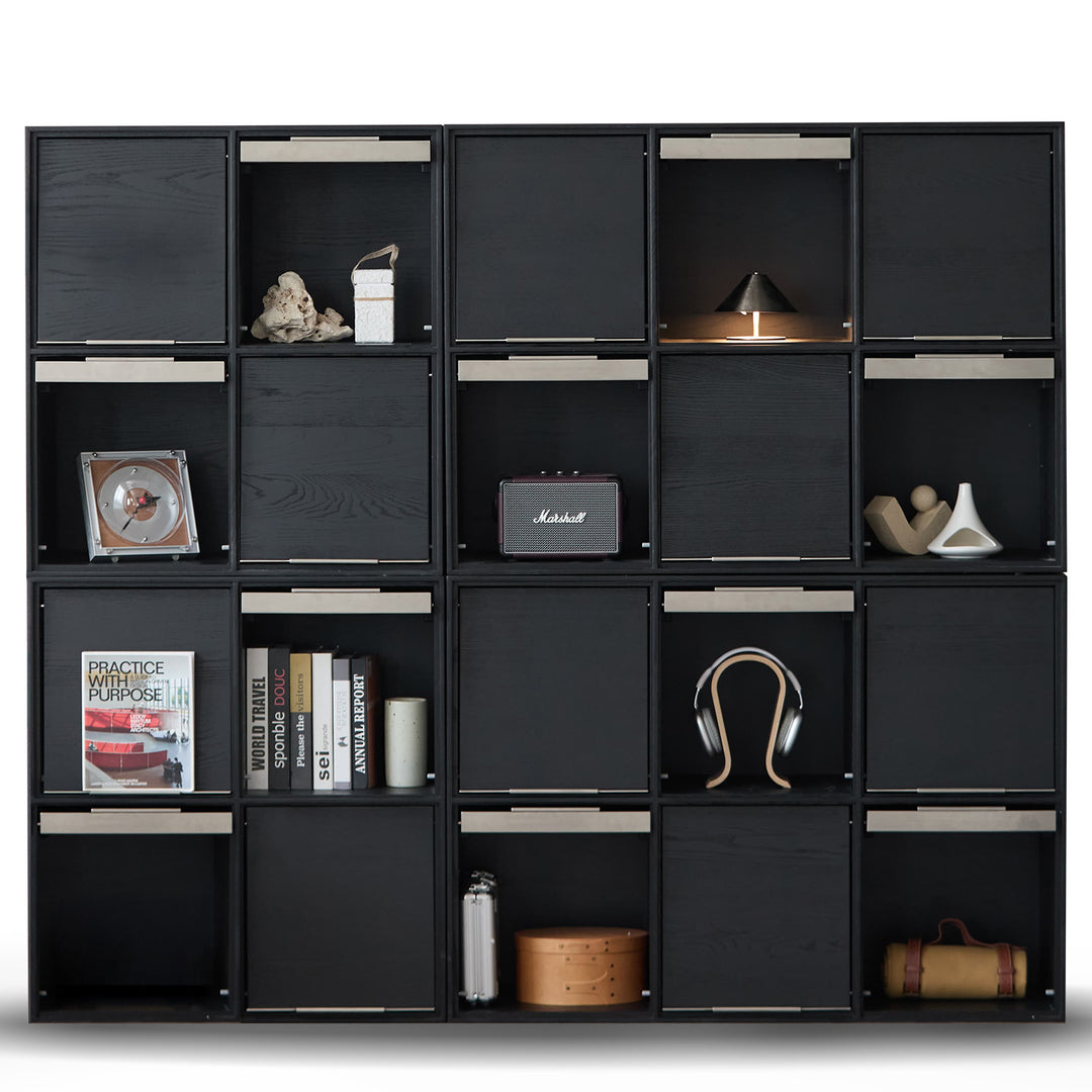 Minimalist ash wood veneer modular box cabinet grid in white background.