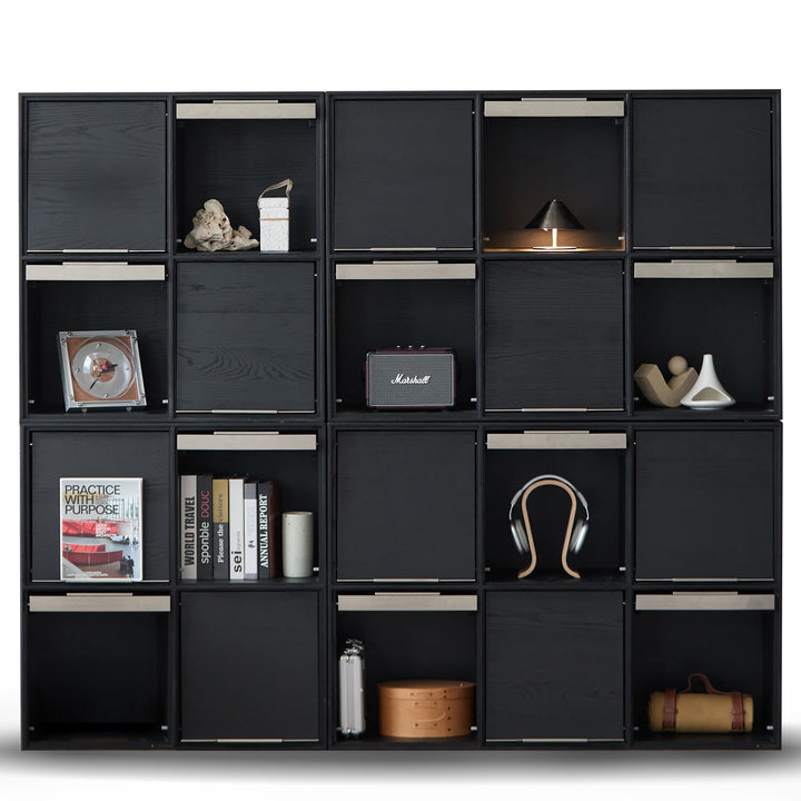 Minimalist ash wood veneer modular box cabinet grid in white background.