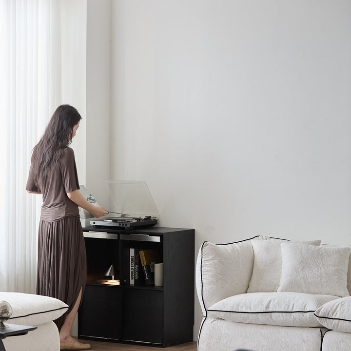 Minimalist ash wood veneer modular box cabinet grid material variants.