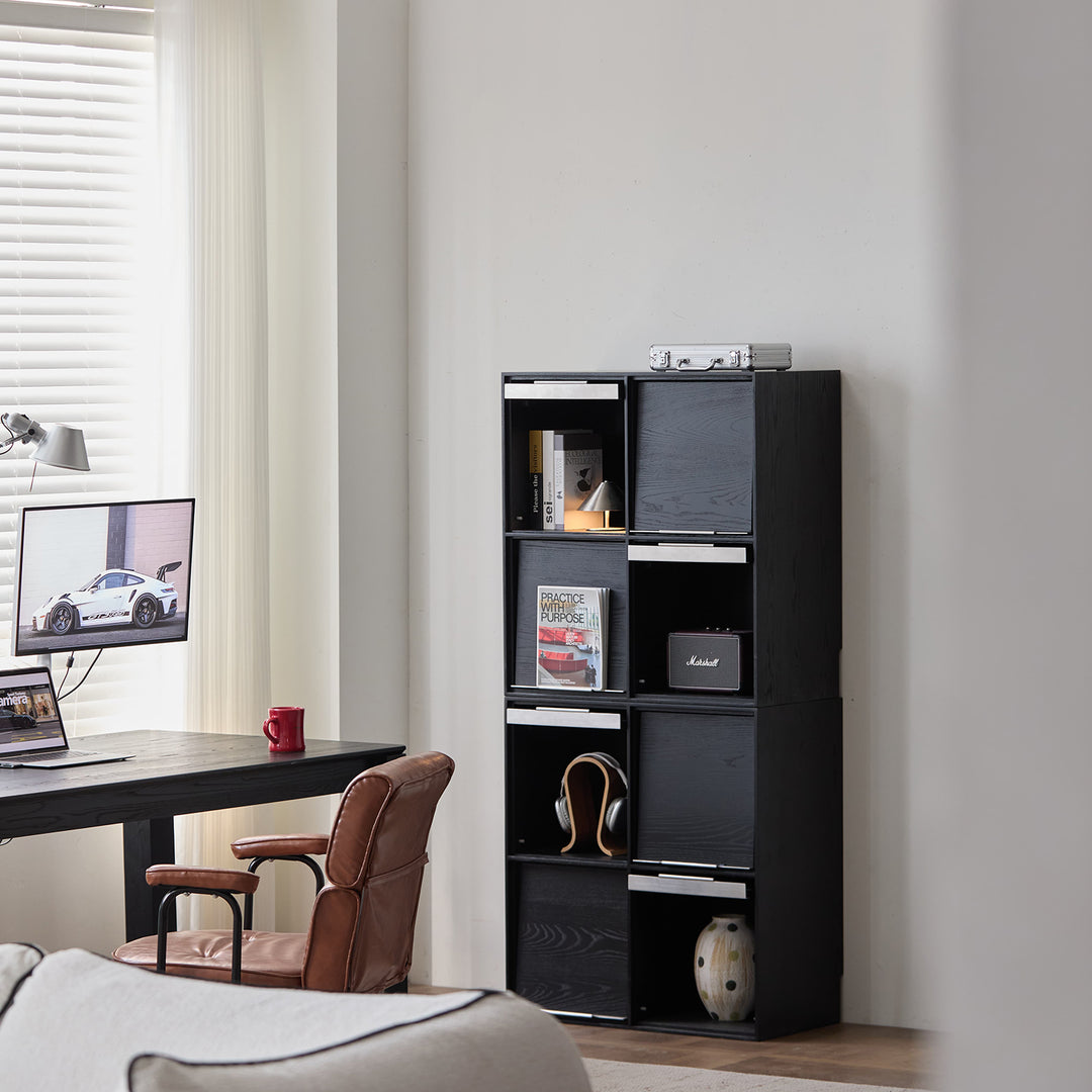 Minimalist ash wood veneer modular box cabinet grid in real life style.