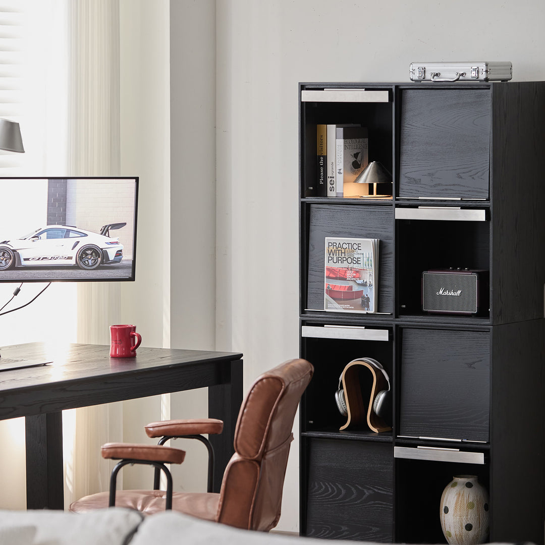 Minimalist ash wood veneer modular box cabinet grid with context.