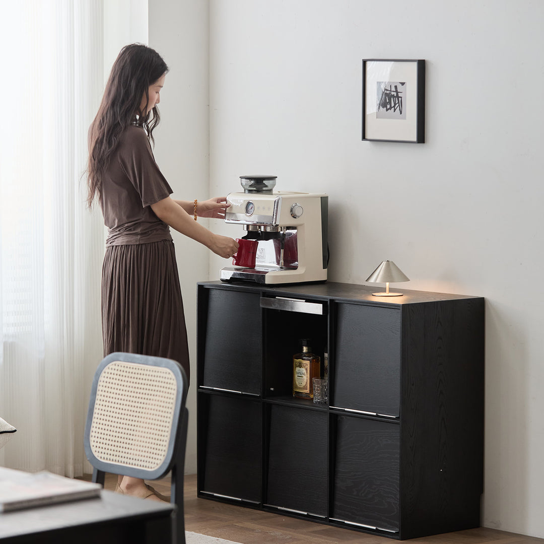 Minimalist ash wood veneer modular box cabinet grid in close up details.