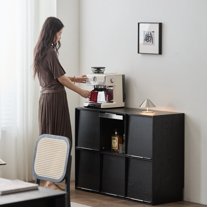 Minimalist ash wood veneer modular box cabinet grid in close up details.