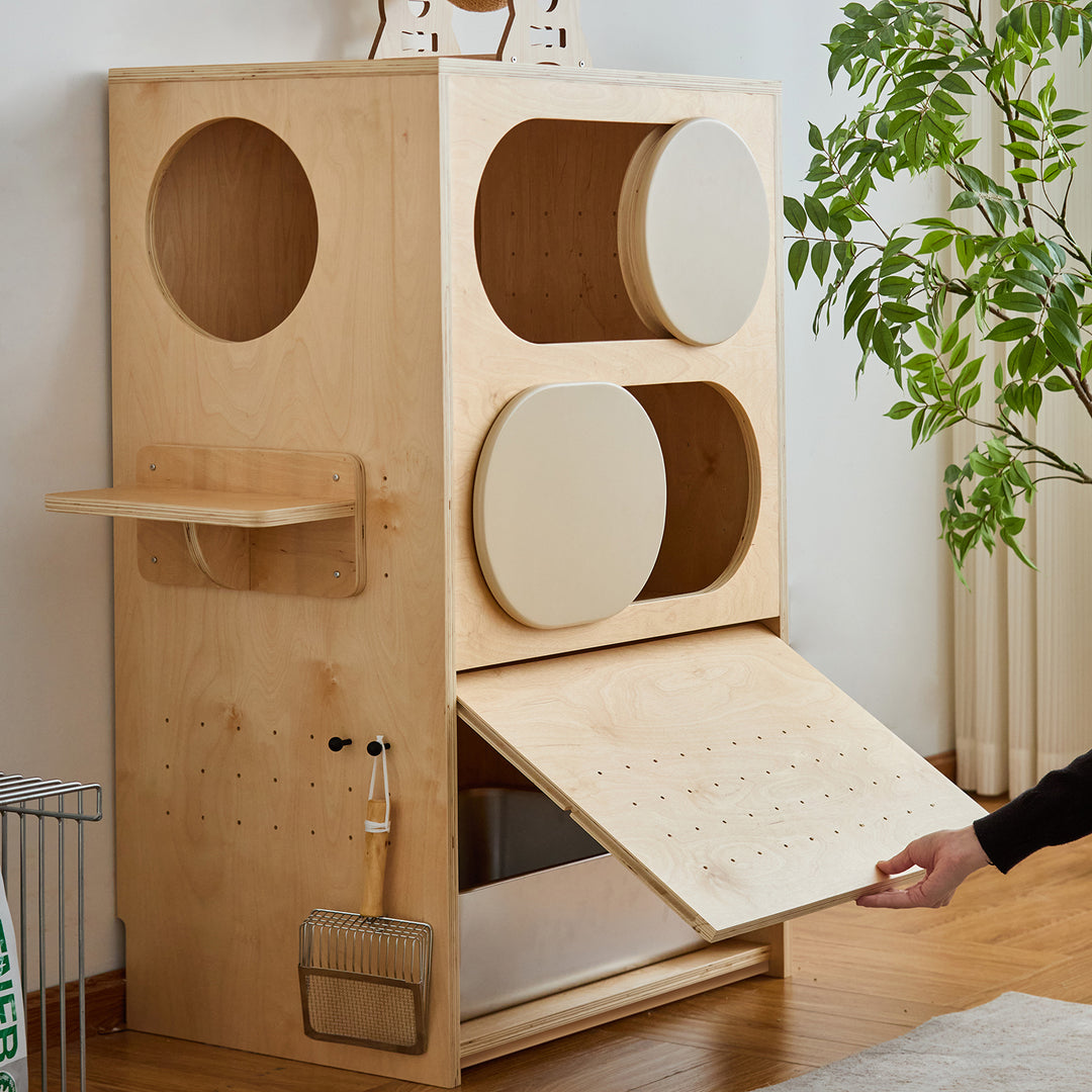 Minimalist plywood cat tower cabinet gulu material variants.
