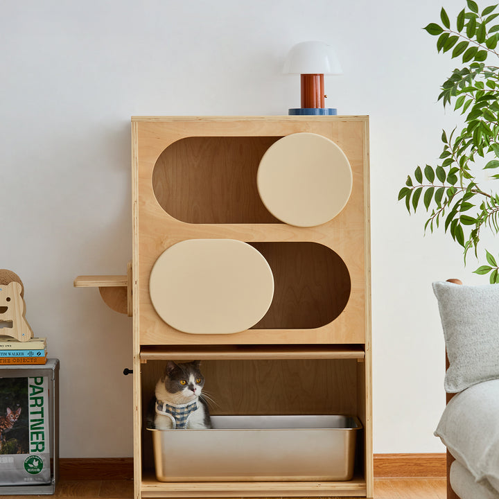 Minimalist plywood cat tower cabinet gulu in real life style.