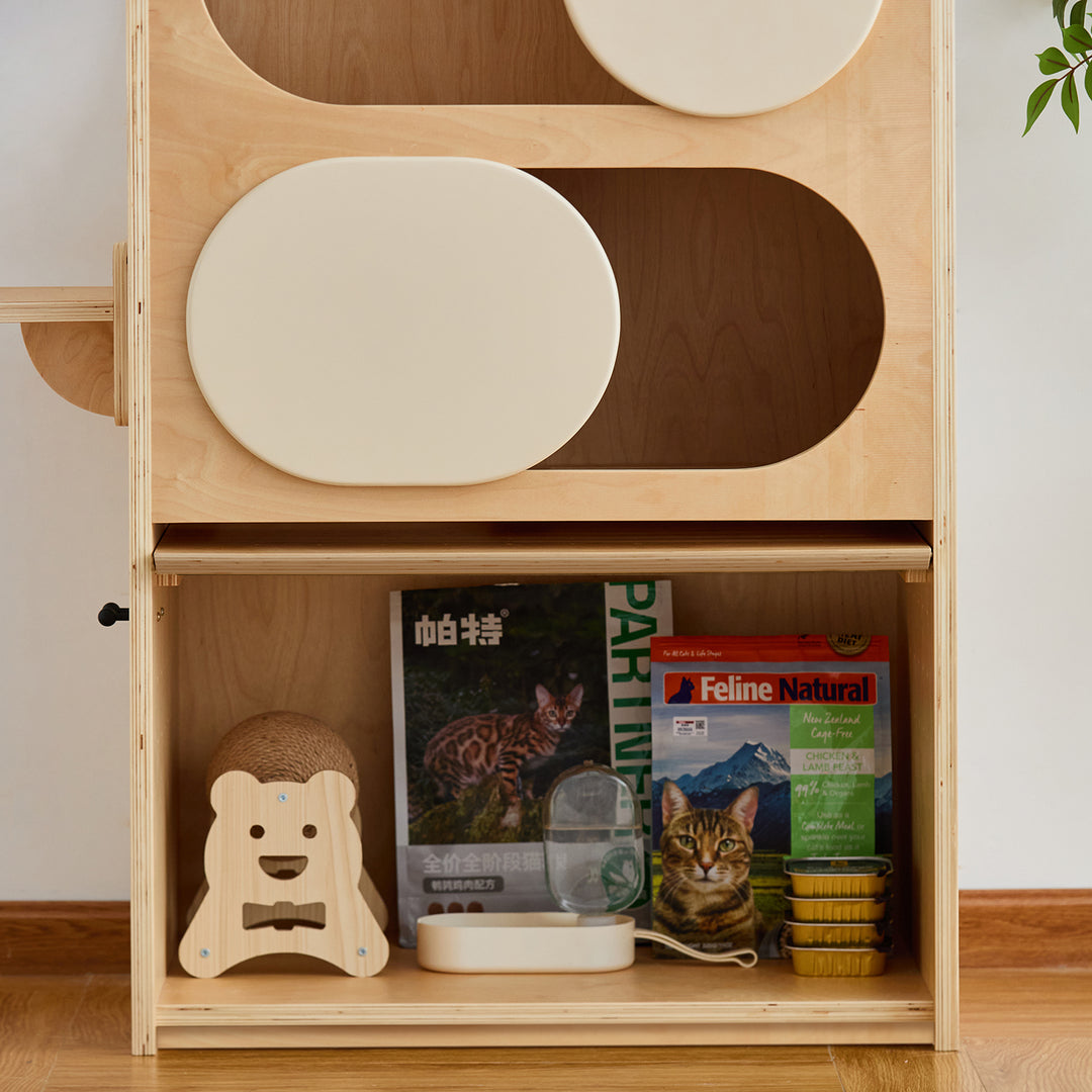 Minimalist plywood cat tower cabinet gulu with context.