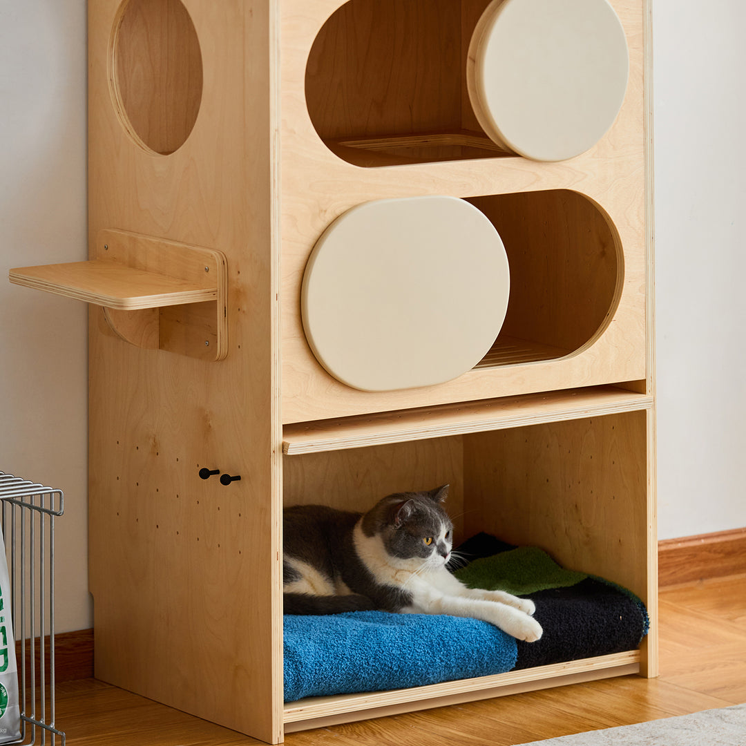Minimalist plywood cat tower cabinet gulu in details.