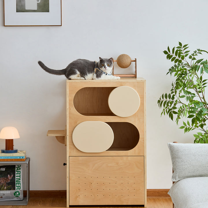 Minimalist plywood cat tower cabinet gulu in close up details.