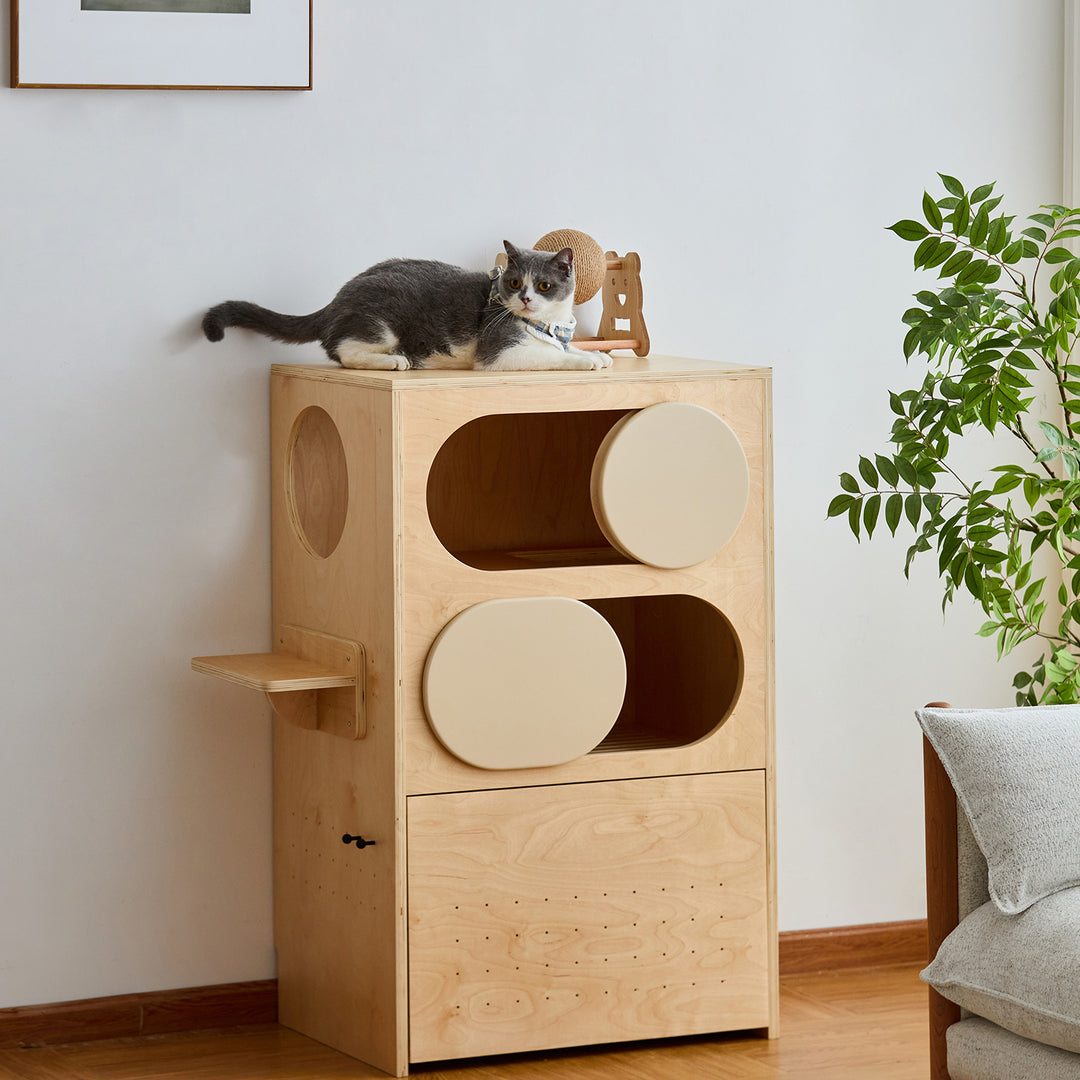 Minimalist plywood cat tower cabinet gulu in panoramic view.