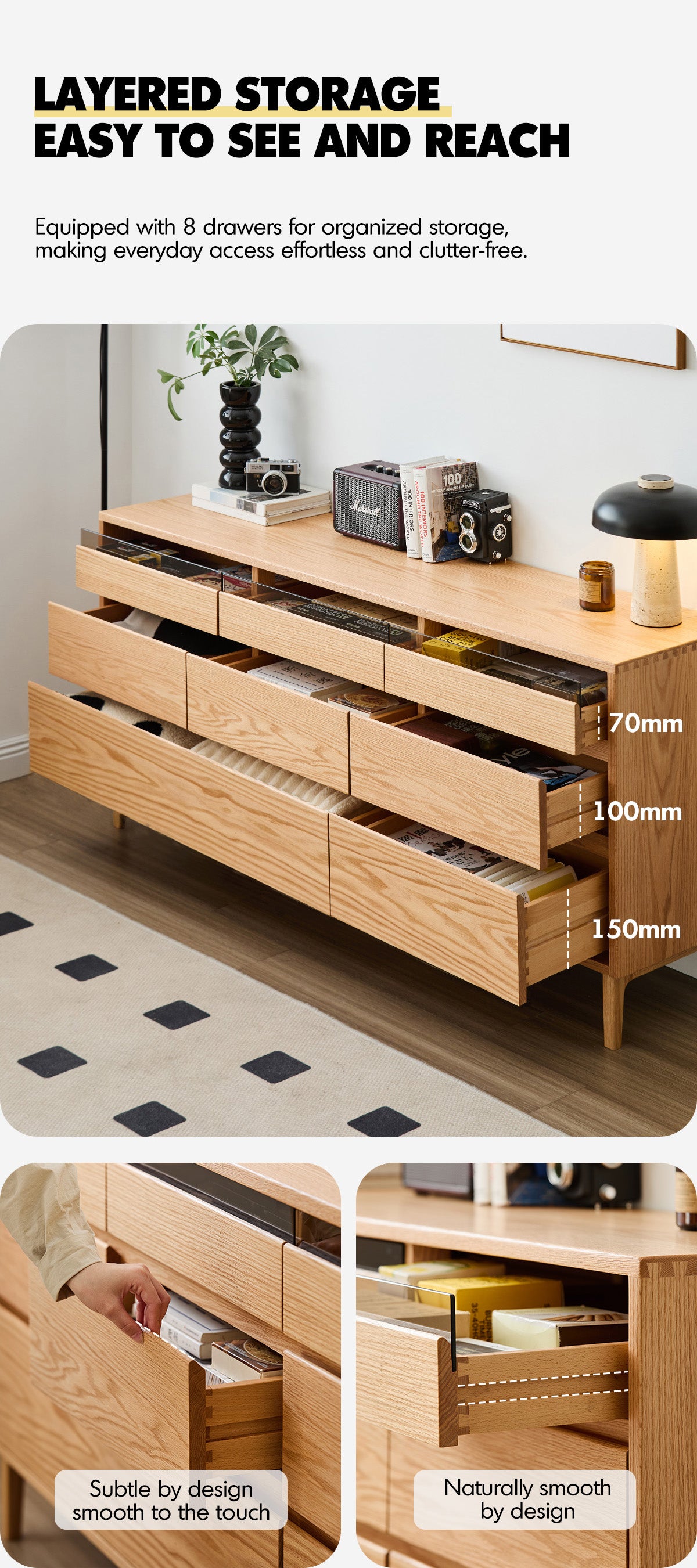 Scandinavian Oak Wood Chest Of 8 Drawers FLOATING LIGHT Good to Know - 3