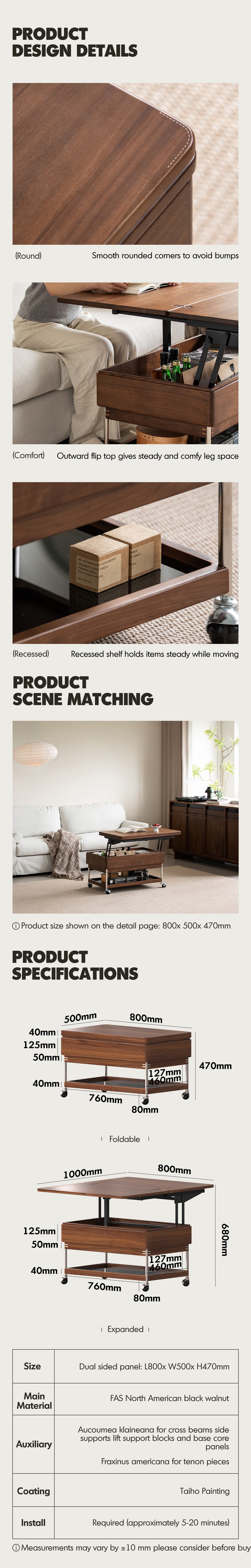 Japandi Walnut Wood Lift-Up Coffee Table SEREN Good to Know - 8