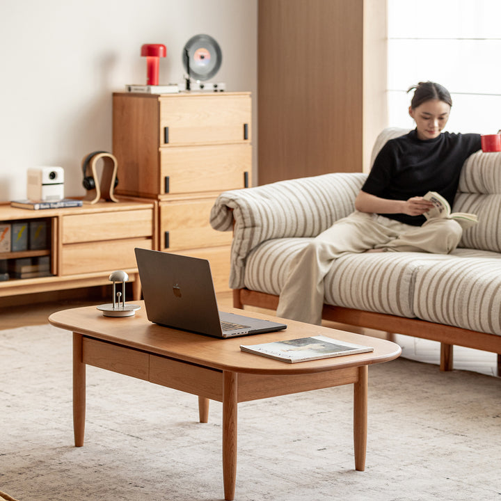 Scandinavian cherry wood coffee table vista in details.