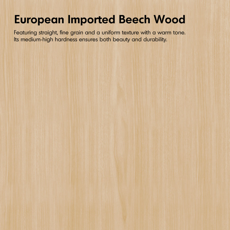 Close-up of European imported beech wood with text describing its characteristics.