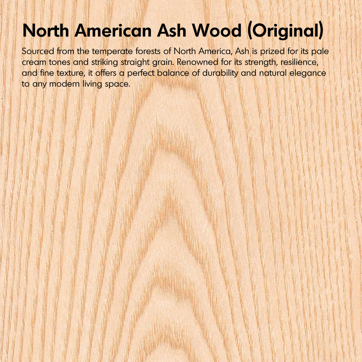 Close-up of North American Ash Wood with descriptive text overlay.
