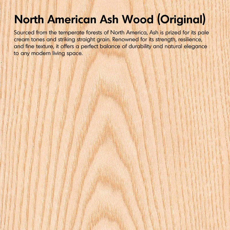 Close-up of North American Ash Wood with descriptive text overlay.