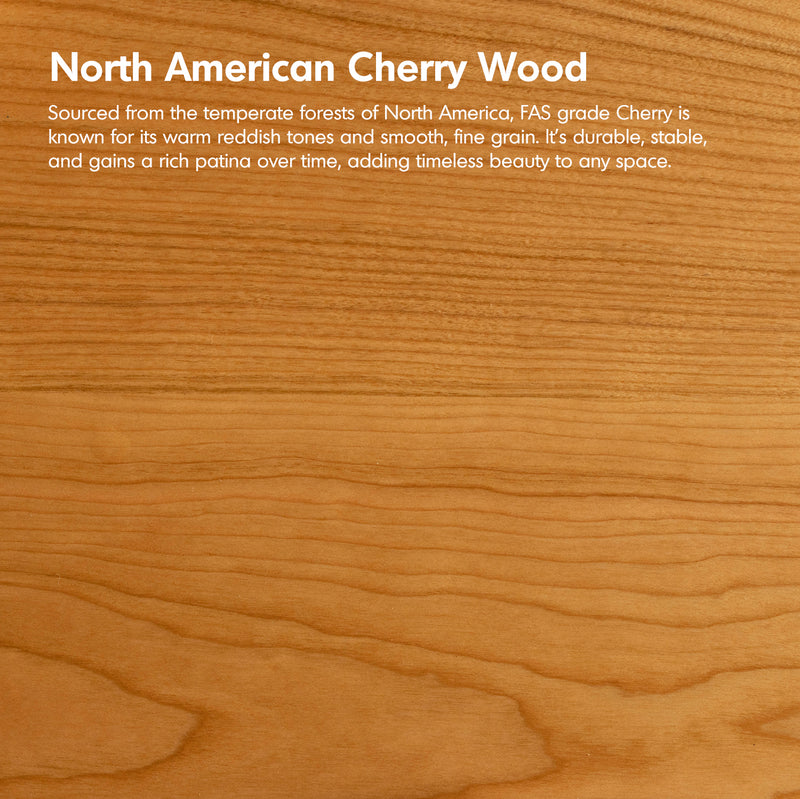 Close-up of North American Cherry Wood with descriptive text overlay.