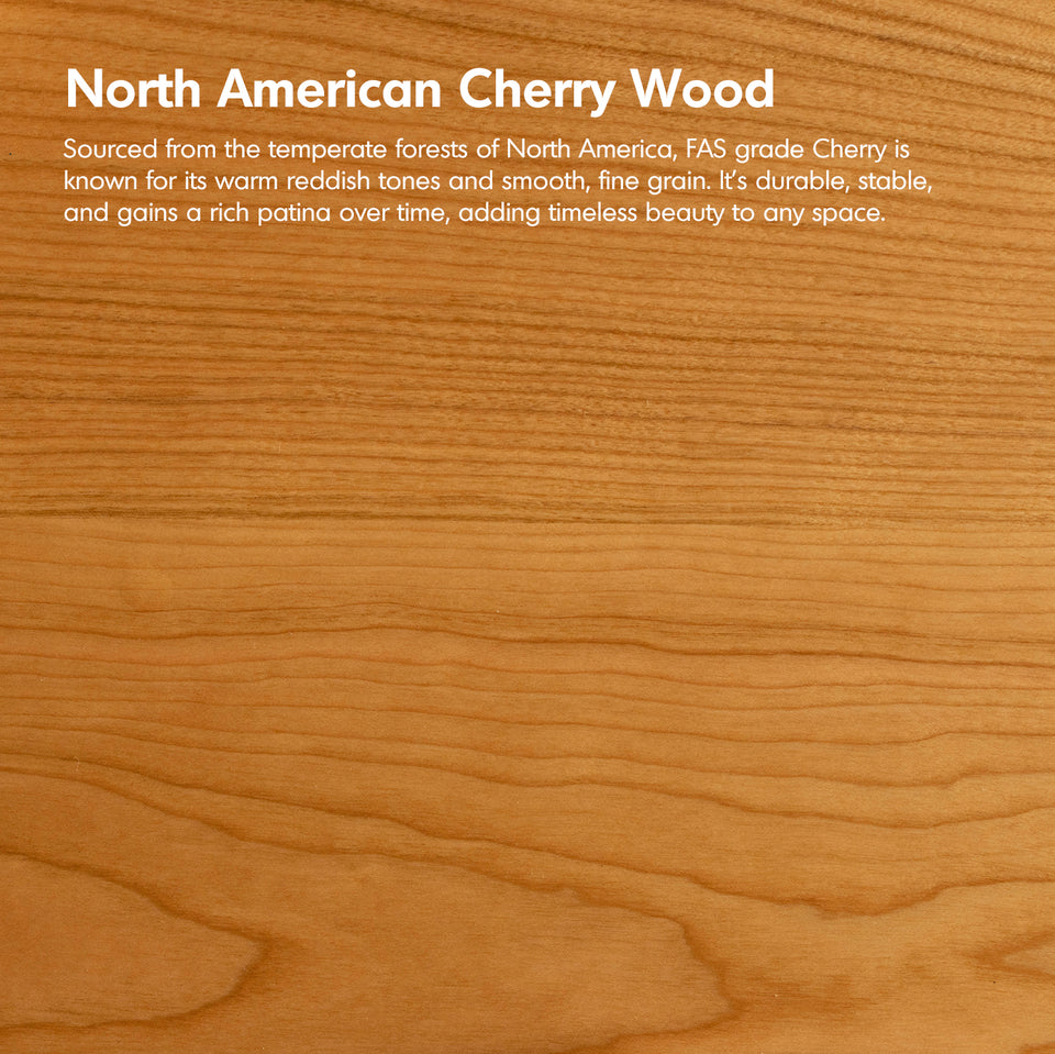 Close-up of North American Cherry Wood with descriptive text overlay.