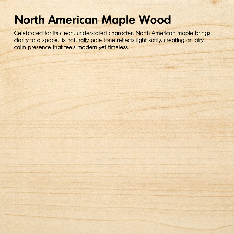 Close-up of North American maple wood with descriptive text overlay.