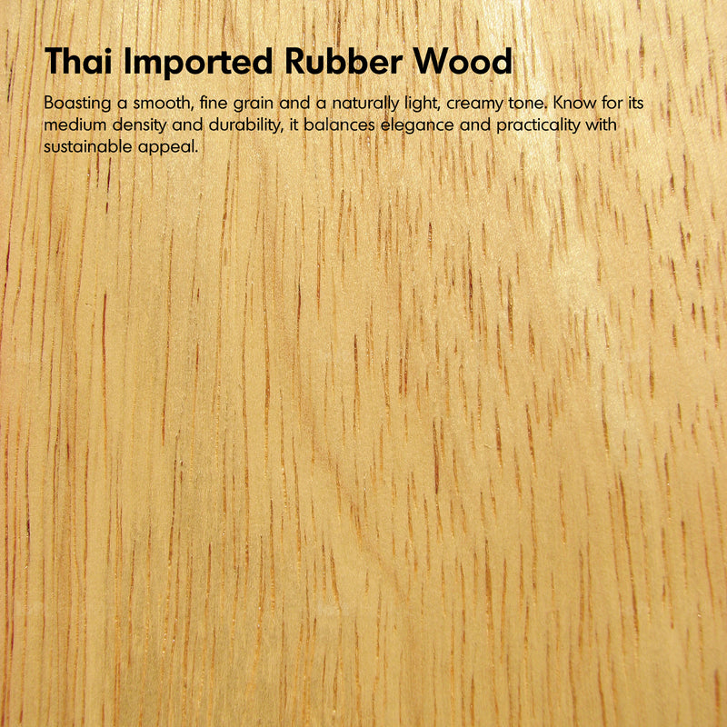 Close-up of Thai imported rubber wood with text describing its characteristics.