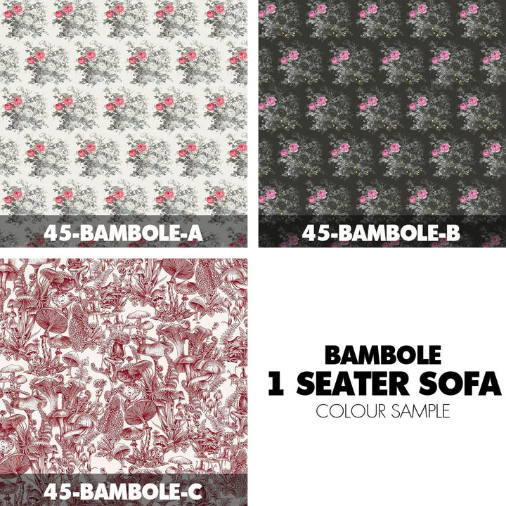 Contemporary fabric 1 seater sofa bambole color swatches.