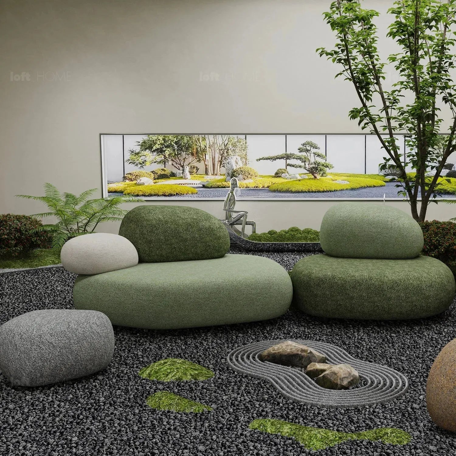 Contemporary fabric 2 seater sofa pebble in still life.
