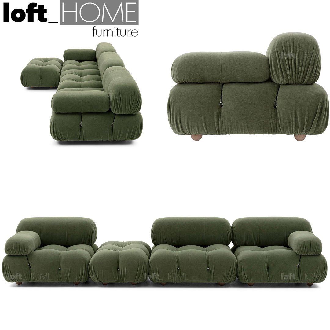 Contemporary fabric 3 seater sofa with ottoman camaleonda in close up details.