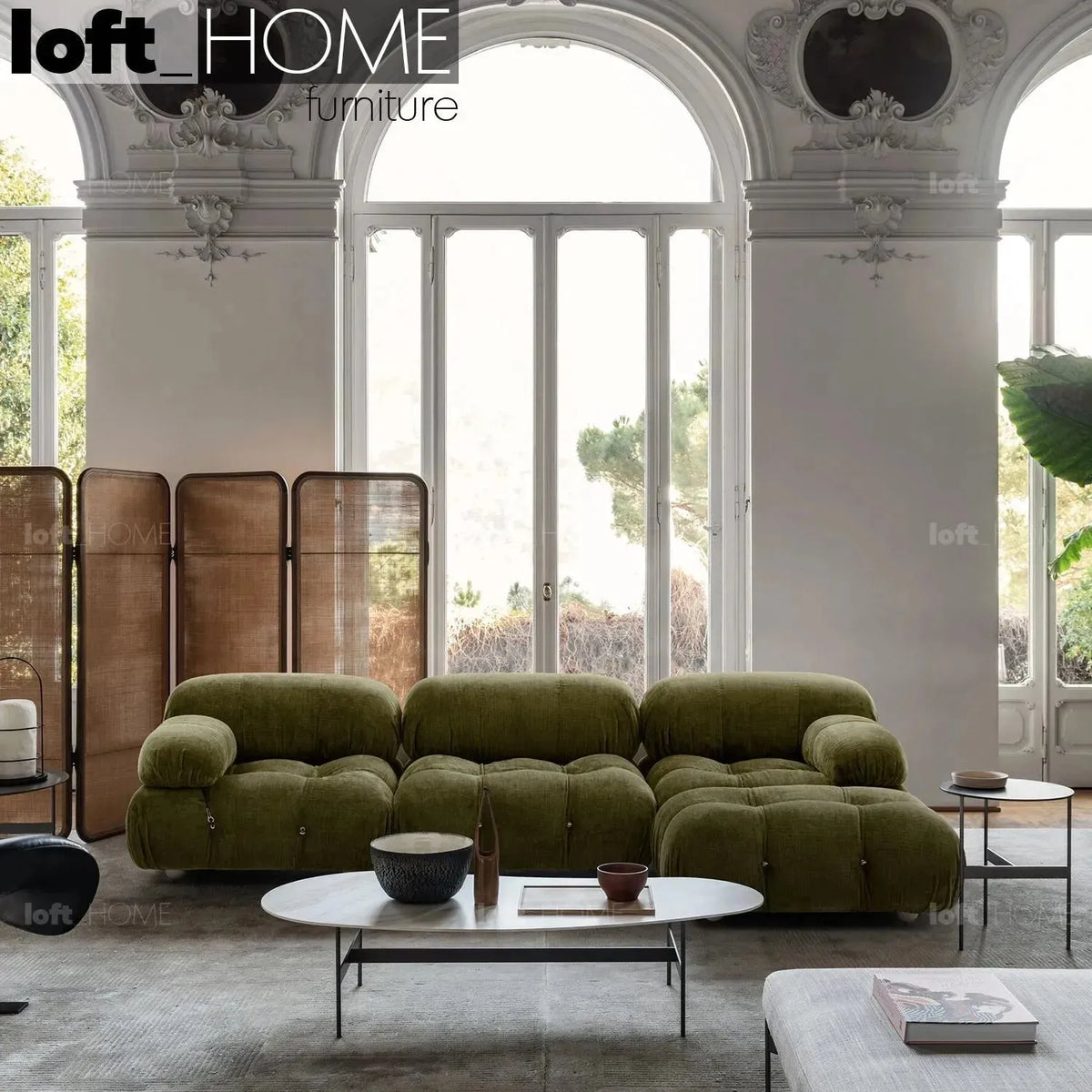 Bauhaus fabric 3 seater sofa with ottoman camaleonda primary product view.