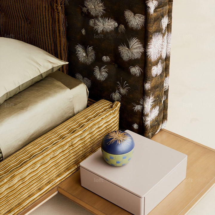 Contemporary fabric bed mahjong in close up details.
