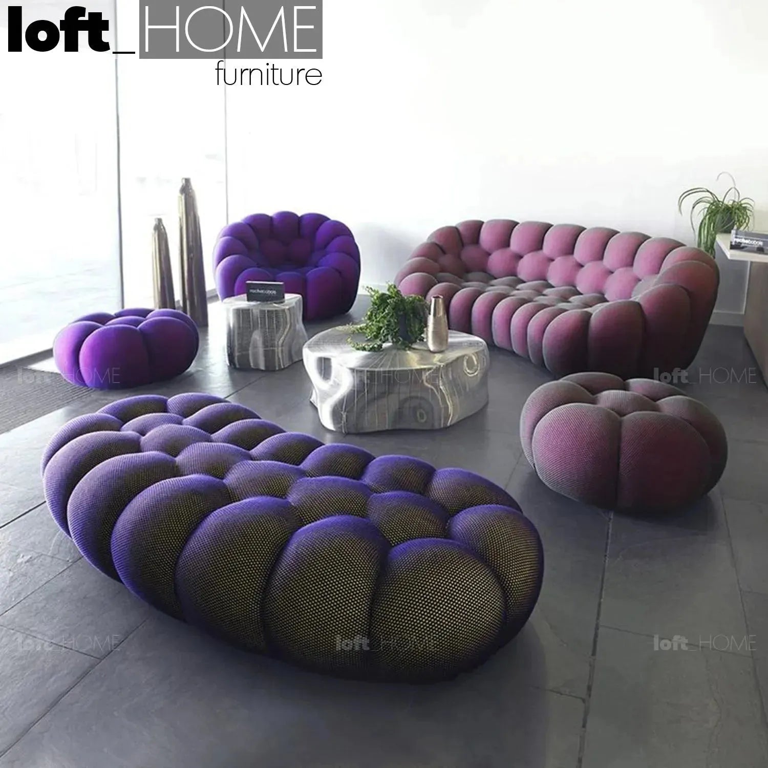 Contemporary fabric curved ottoman bubble environmental situation.
