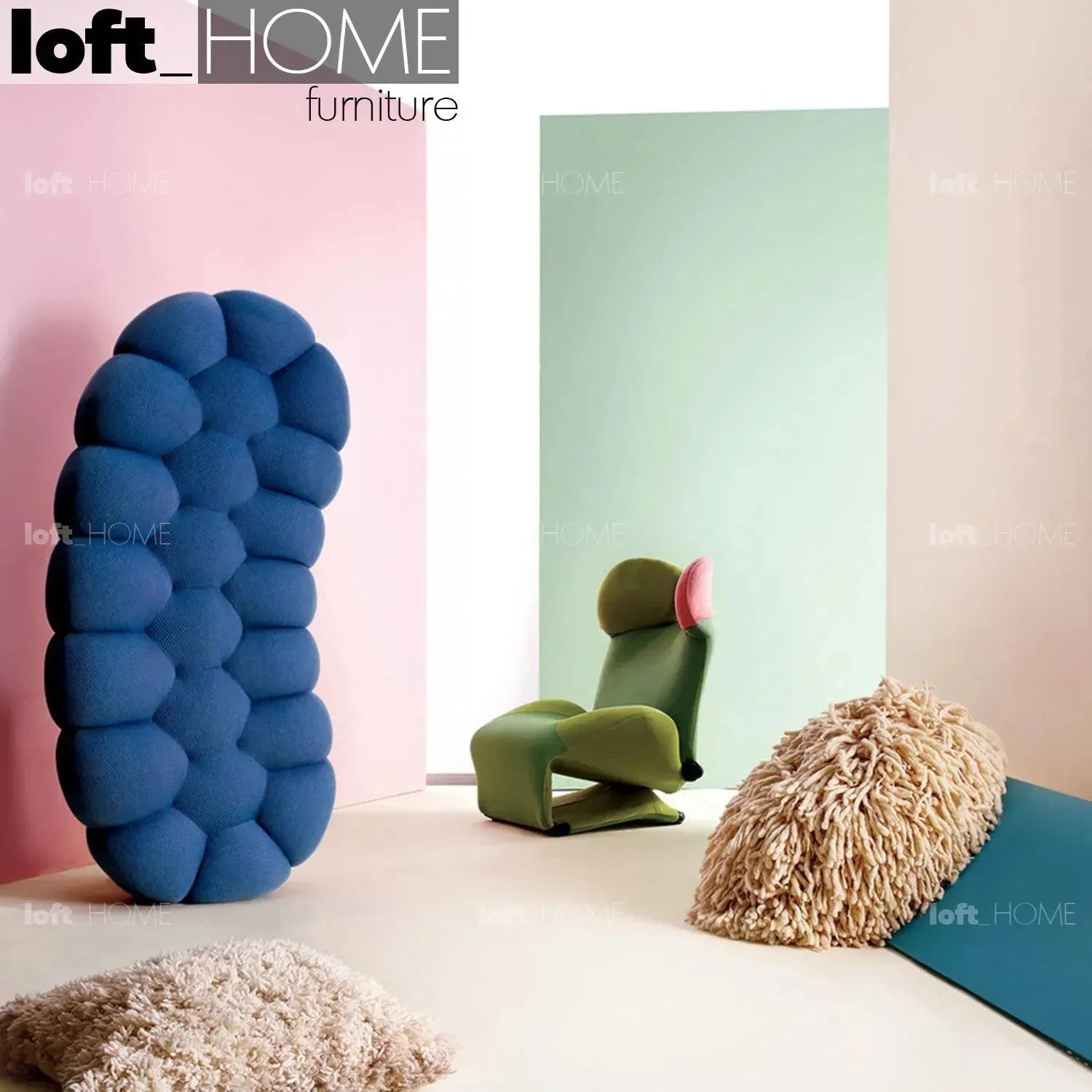 Contemporary fabric curved ottoman bubble in close up details.