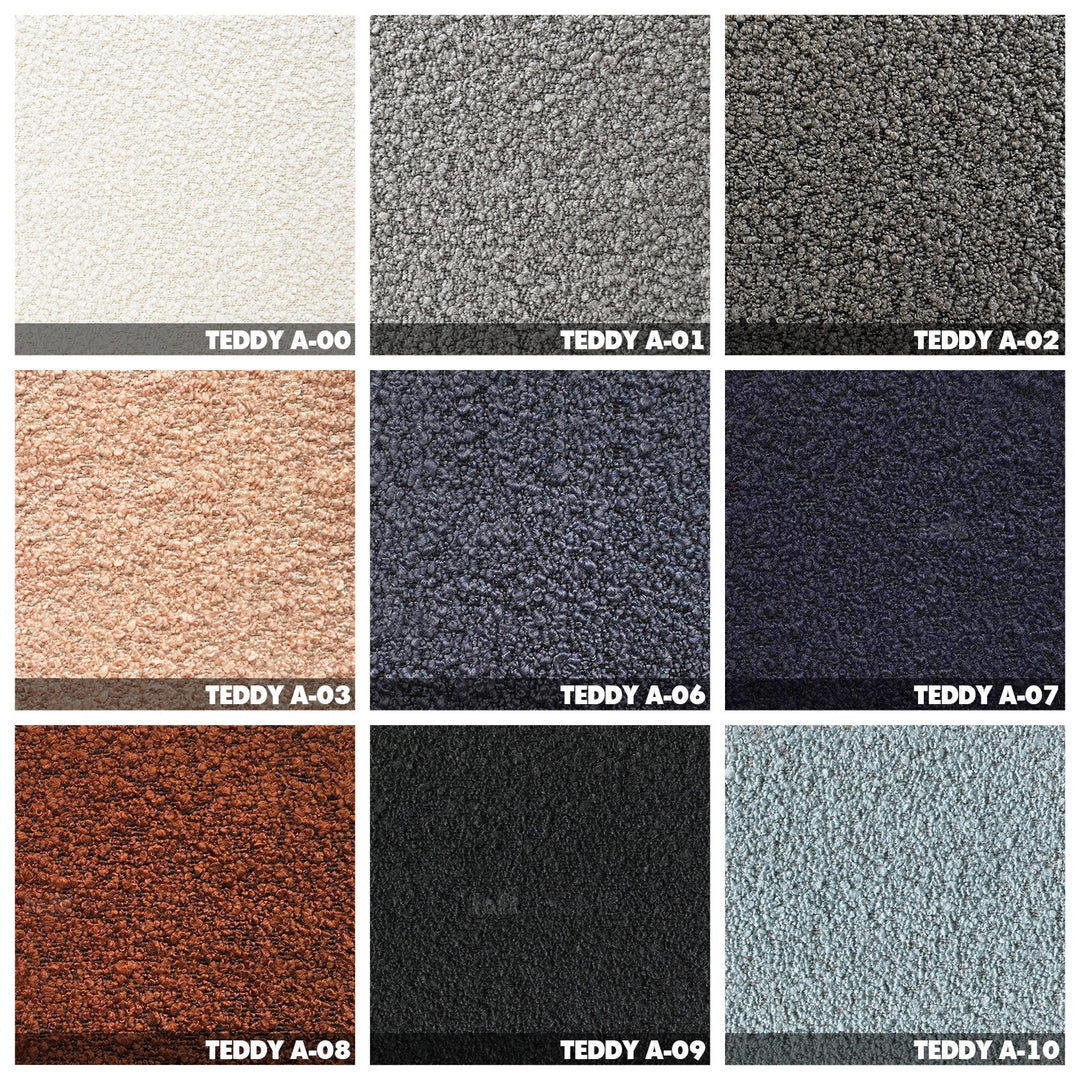 Contemporary fabric ottoman teddy color swatches.